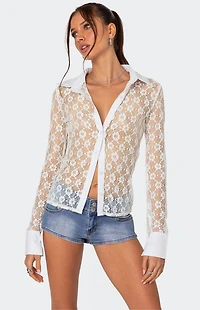 Edikted Cecilia Sheer Lace Button Up Shirt
