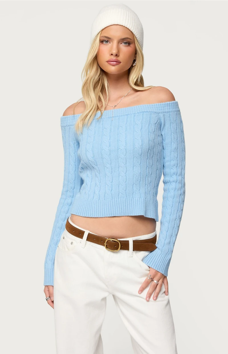 Edikted Taniza Off Shoulder Cable Knit Sweater