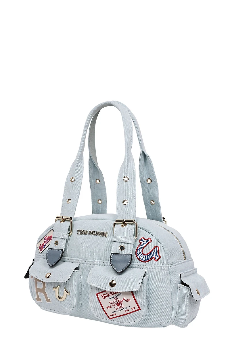 True Religion Light Blue Multi Patch Satchel Bag