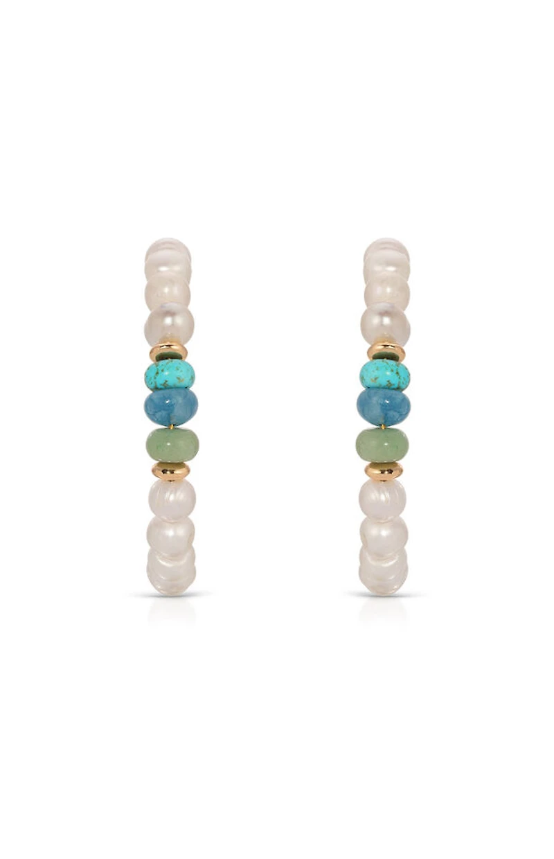 Ettika Beach Day Pearl and Blue Gemstone Hoop Earrings