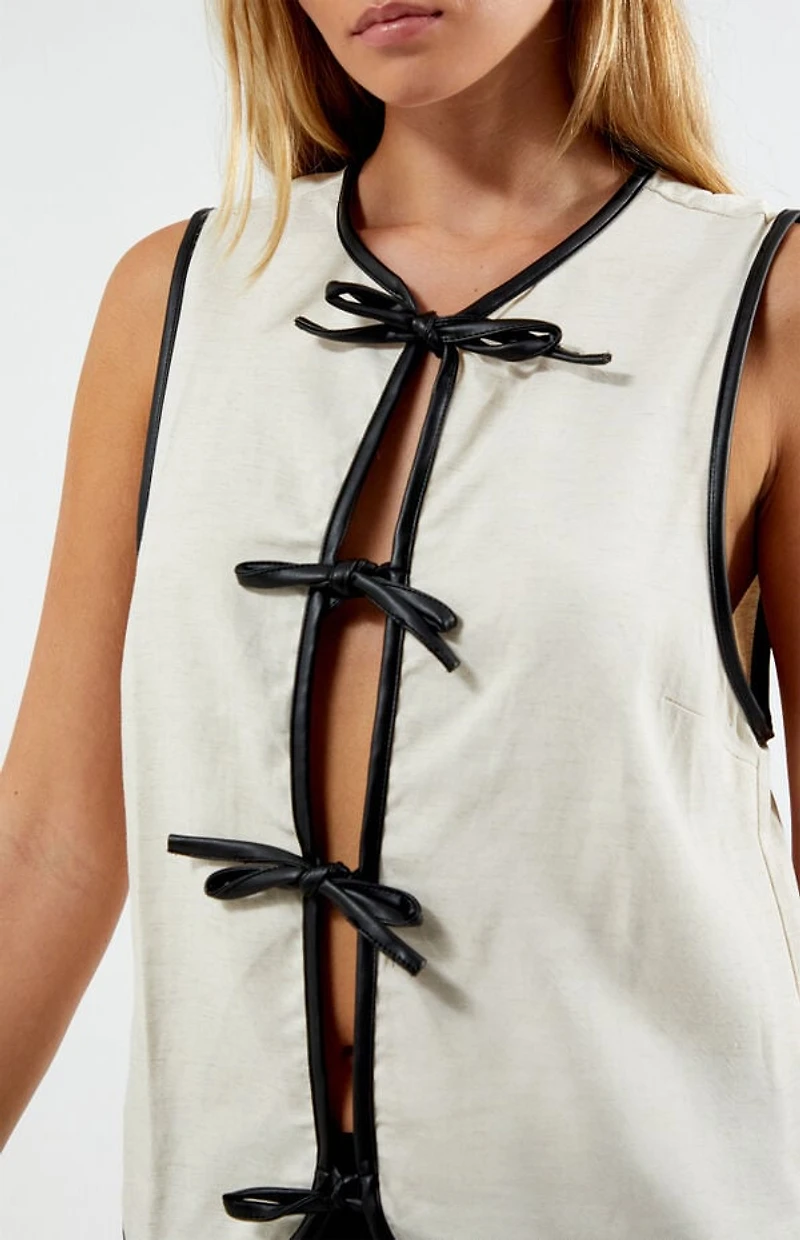 WEWOREWHAT Faux Leather Linen Tie Front Vest