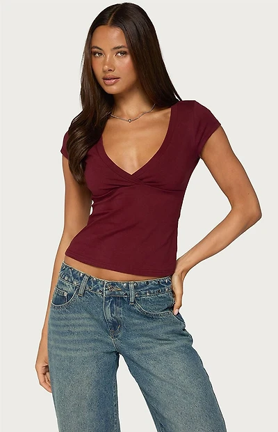 Edikted Penelopy Overlap V Neck T-Shirt