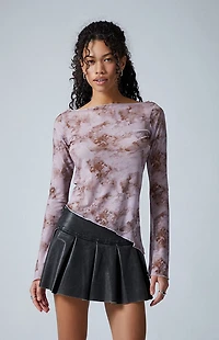 Third Charm Gretchen Mesh Printed Boat Neck Long Sleeve Top