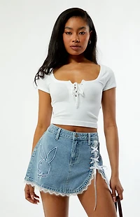 Playboy By PacSun Lace-Up Denim Mini Skirt
