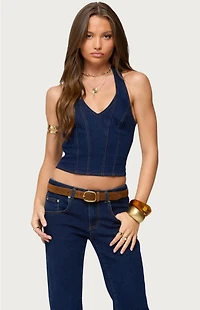 Edikted Jemima Contrast Stitch Denim Halter Top