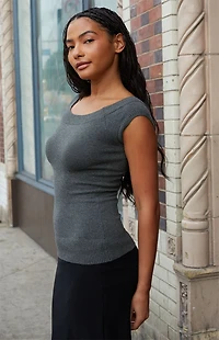 John Galt Gray Knit Ginny Off-The-Shoulder Top