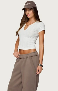 Edikted Semi Sheer Ribbed V Neck T-Shirt