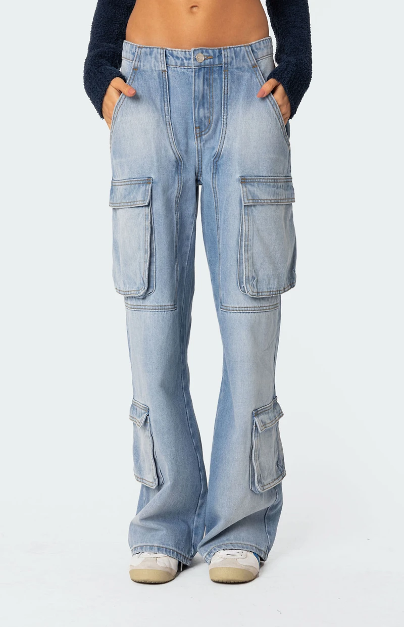 Edikted Tara Low Rise Denim Cargo Jeans