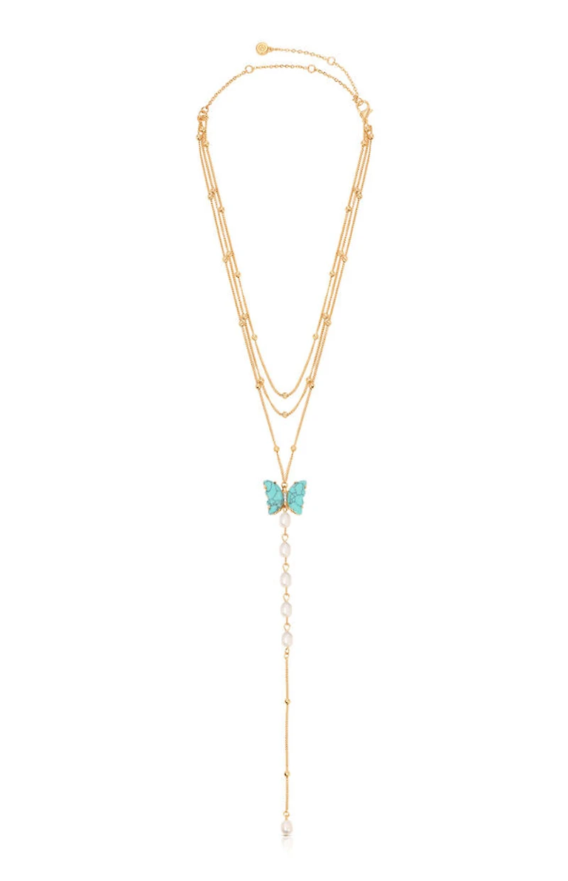 Ettika Turquoise Butterfly Pearl Chain Lariat Necklace