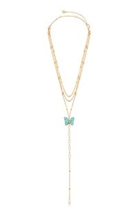 Ettika Turquoise Butterfly Pearl Chain Lariat Necklace