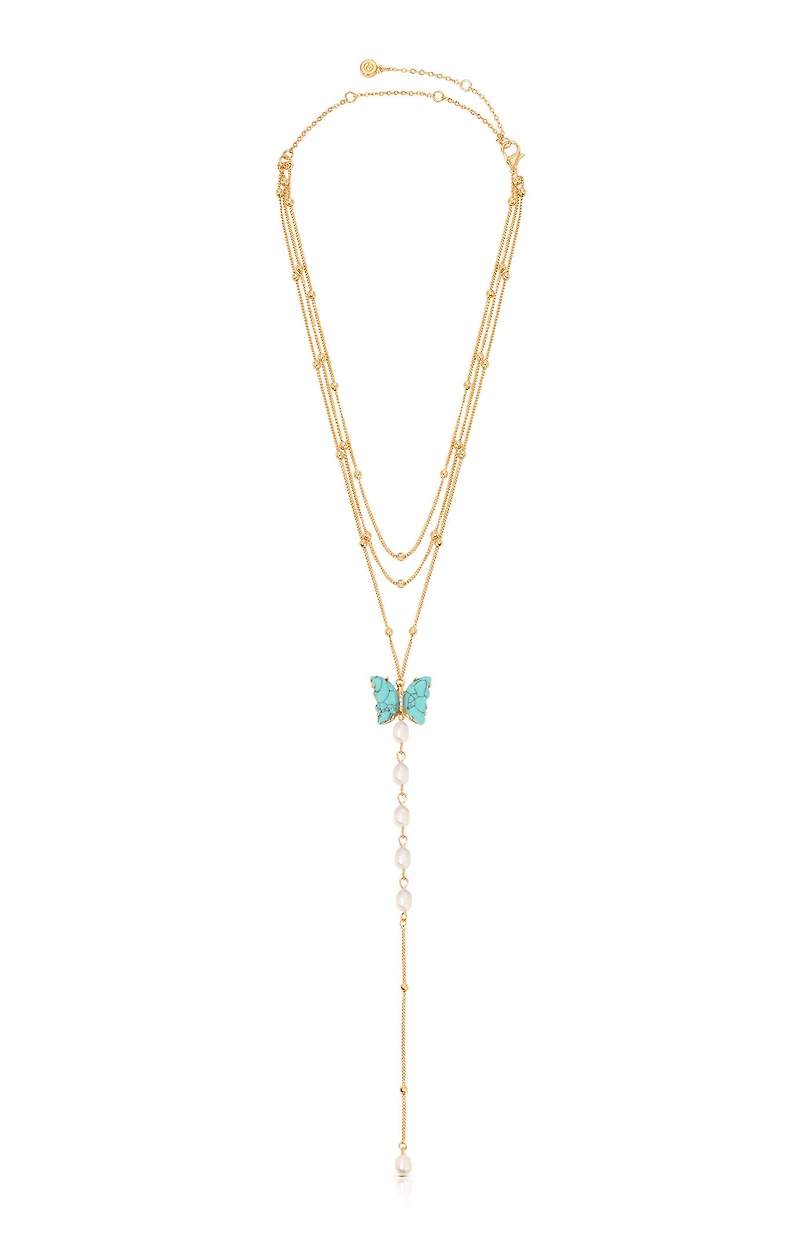 Ettika Turquoise Butterfly Pearl Chain Lariat Necklace
