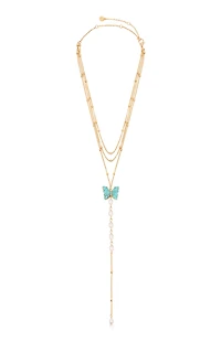Ettika Turquoise Butterfly Pearl Chain Lariat Necklace