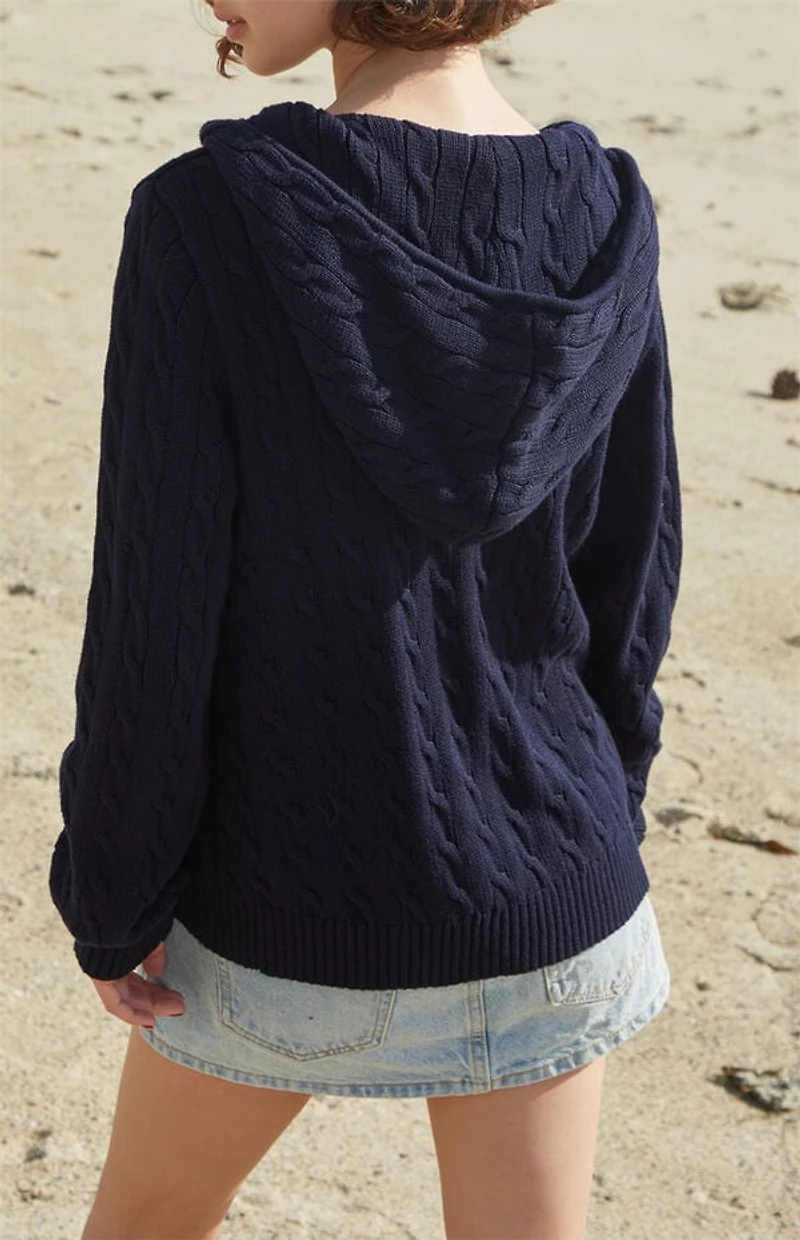 John Galt Navy Cable Knit Zip Up Hooded Sweater
