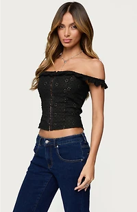 Edikted Jordana Ruffle Eyelet Off Shoulder Top