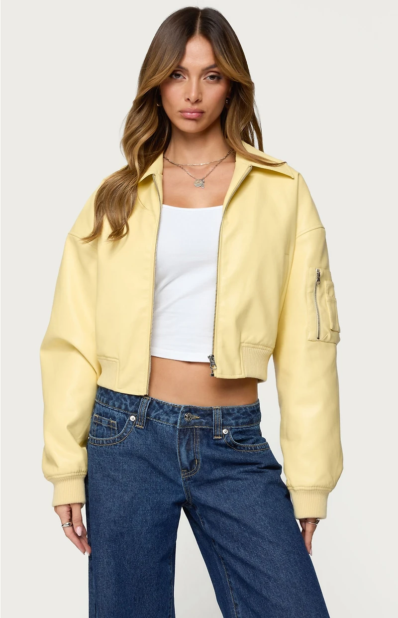 Edikted Zayna Cropped Faux Leather Bomber Jacket