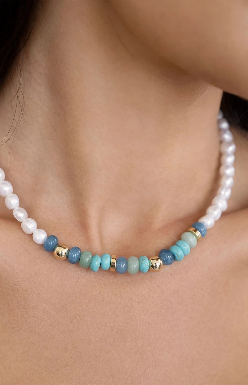 Ettika Beach Day Pearl & Blue Gemstone Necklace
