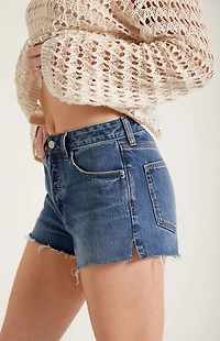 Pacsun Ivy High Waisted Denim Festival Shorts Raw Cut Dark Blue