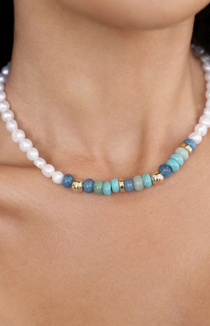 Ettika Beach Day Pearl & Blue Gemstone Necklace