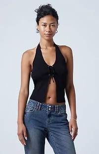 Third Charm Euna Lace Front Sweater Halter Top