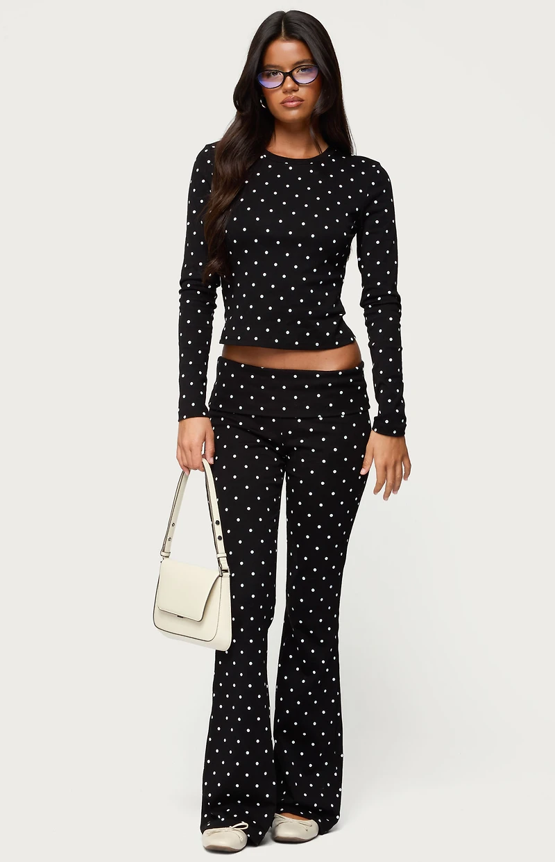 Edikted Daliya Polka Dot Fold Over Flared Leggings