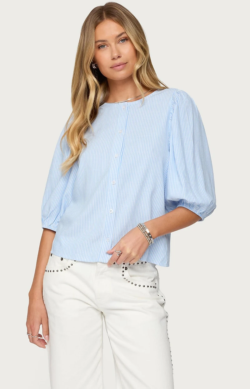 Edikted Pinstripe Linen Look Button Up Shirt