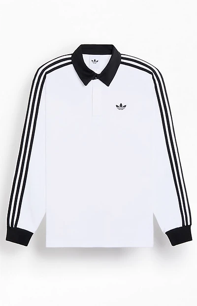 adidas White 3-Stripes Long Sleeve Polo Rugby Shirt