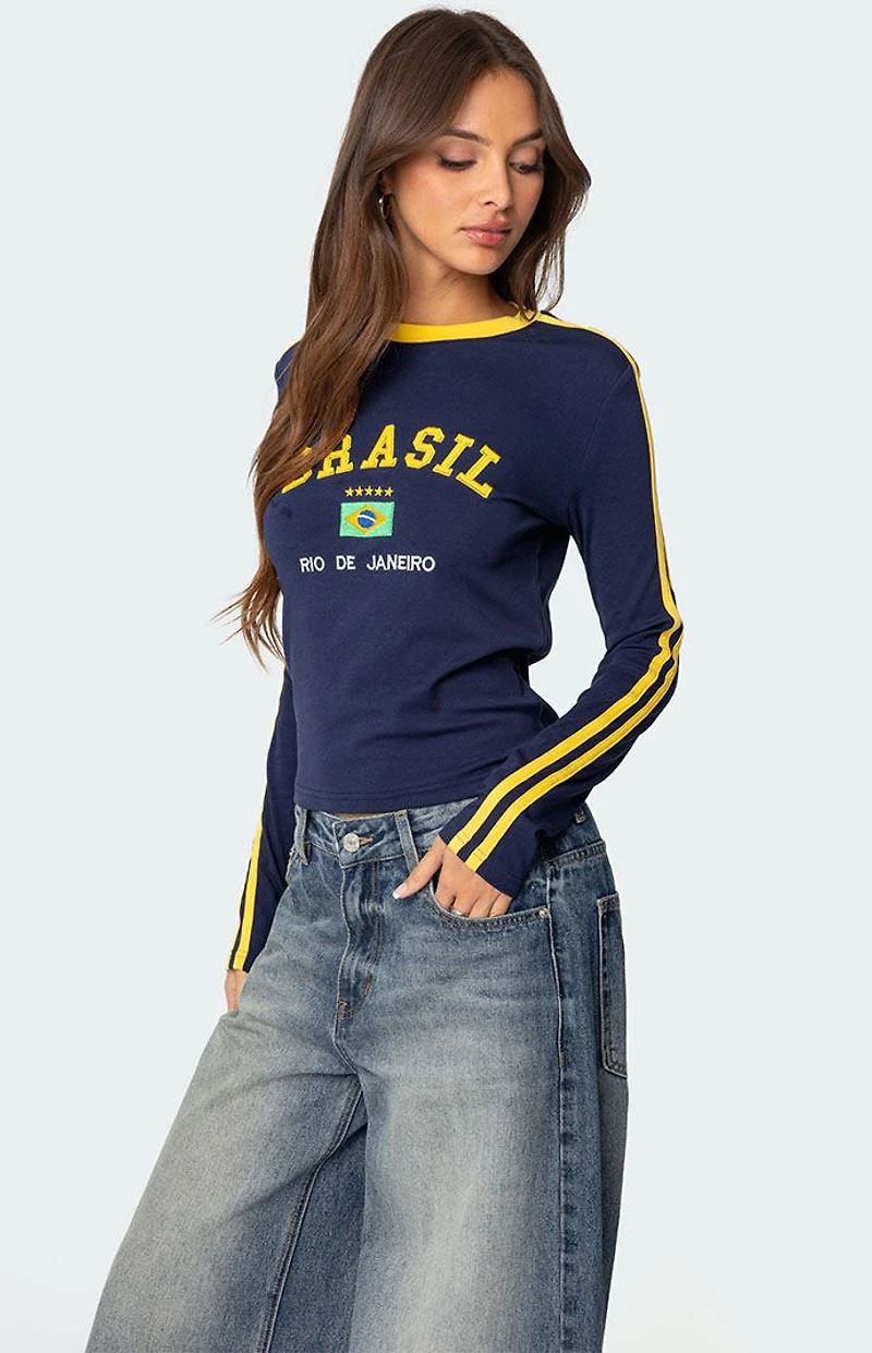 Edikted Brasil Embroidered Long Sleeve T-Shirt