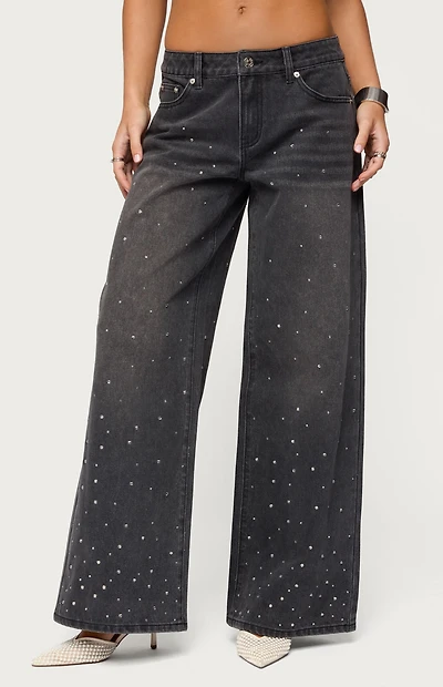 Edikted Rhinestone Low Rise Washed Jeans