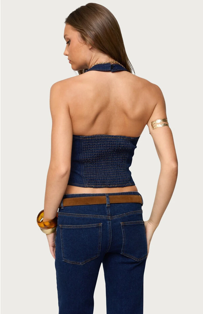 Edikted Jemima Contrast Stitch Denim Halter Top