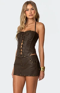 Edikted Stormi Lace Up Faux Leather Corset