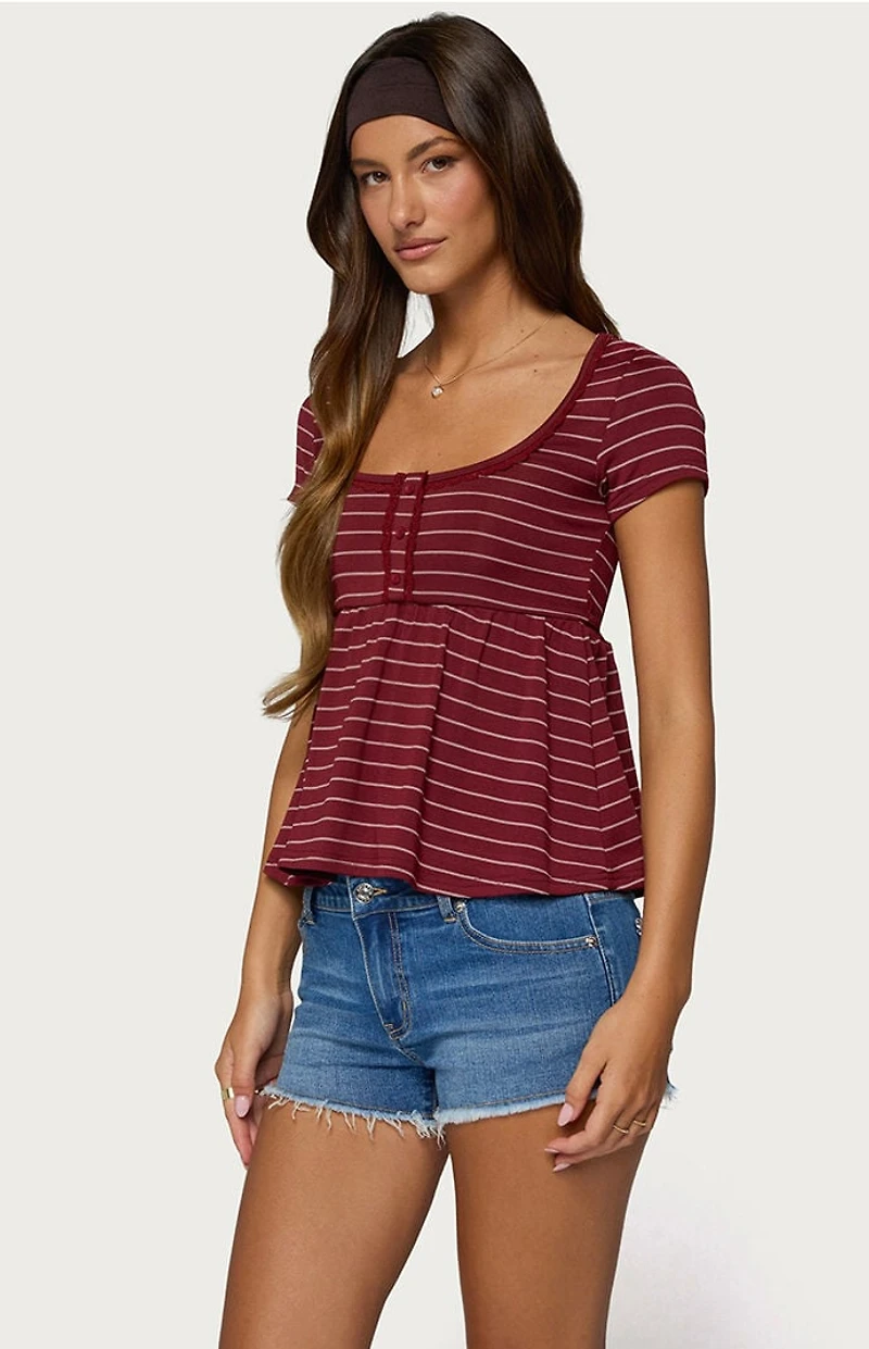 Edikted Jina Lacey Striped Babydoll Henley Top