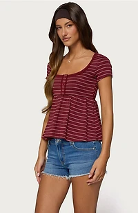 Edikted Jina Lacey Striped Babydoll Henley Top