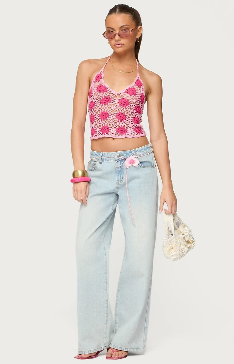 Edikted Contrast Floral Crochet Halter Top