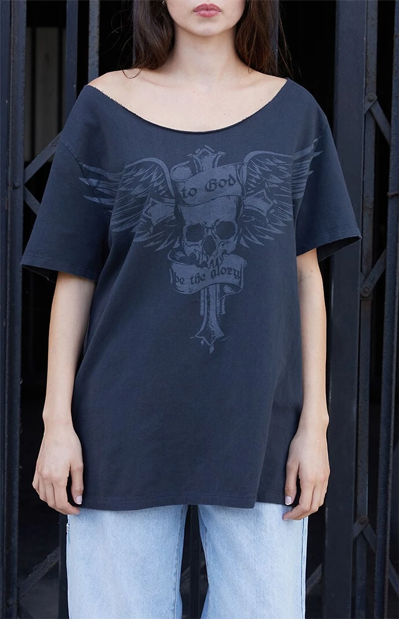 John Galt Skull Off-The-Shoulder Oversized T-Shirt