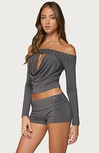 Edikted Amy Studded Off Shoulder Cowl Neck Top