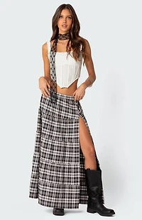 Edikted Plaid Side Slit Tiered Maxi Skirt