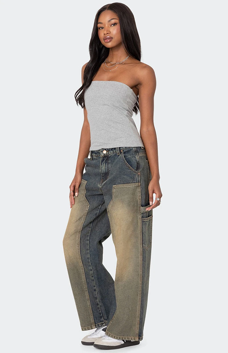 Edikted Contrast Panel Low Rise Washed Jeans