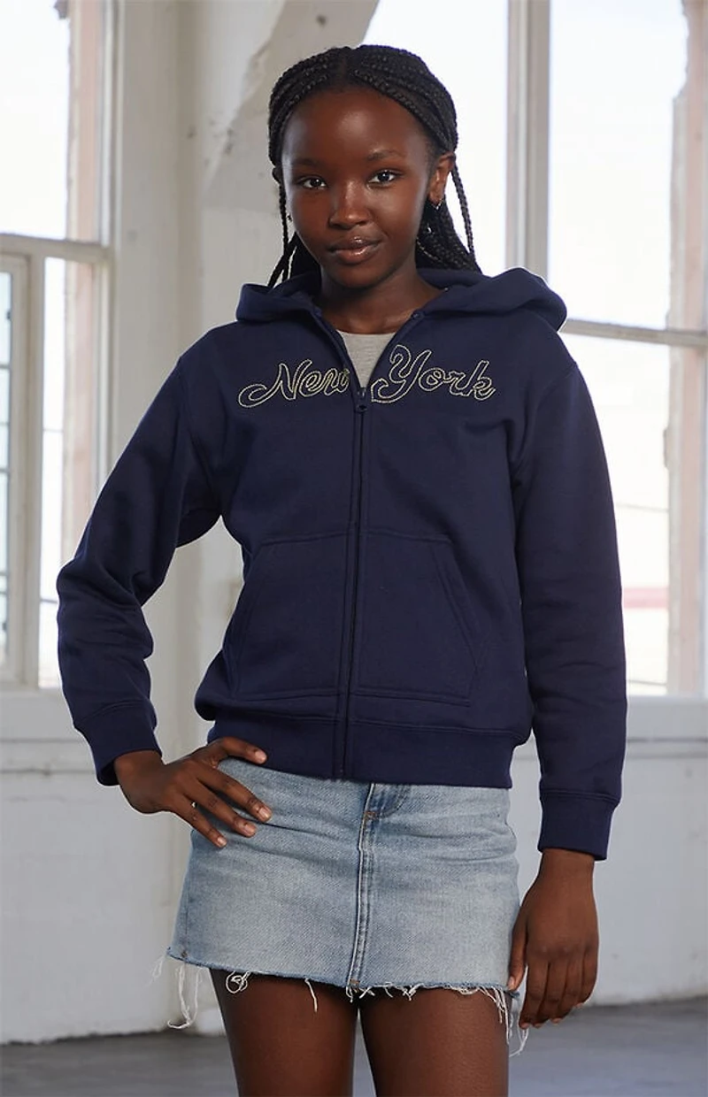 Pacsun Kids Navy New York Embroidered Full Zip Hoodie