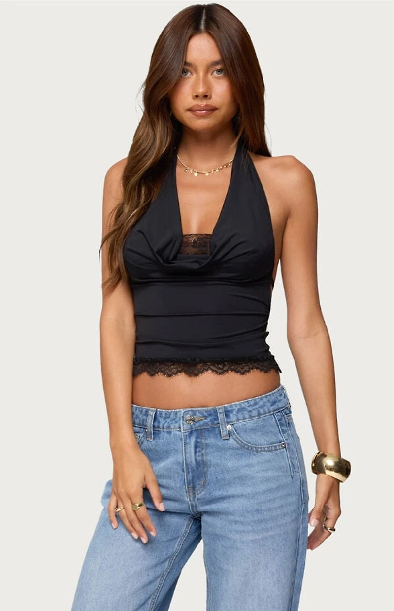 Edikted Layered Lacey Cowl Neck Halter Top