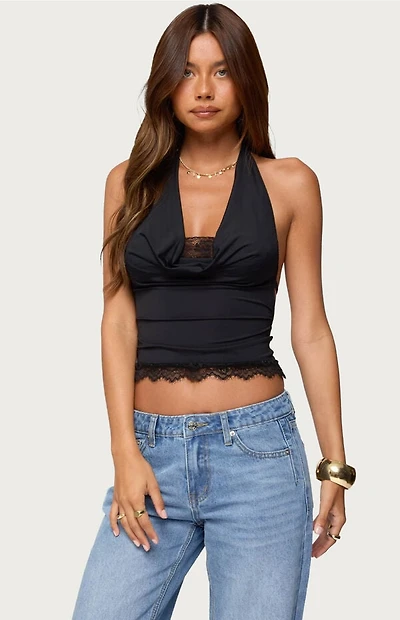 Edikted Layered Lacey Cowl Neck Halter Top