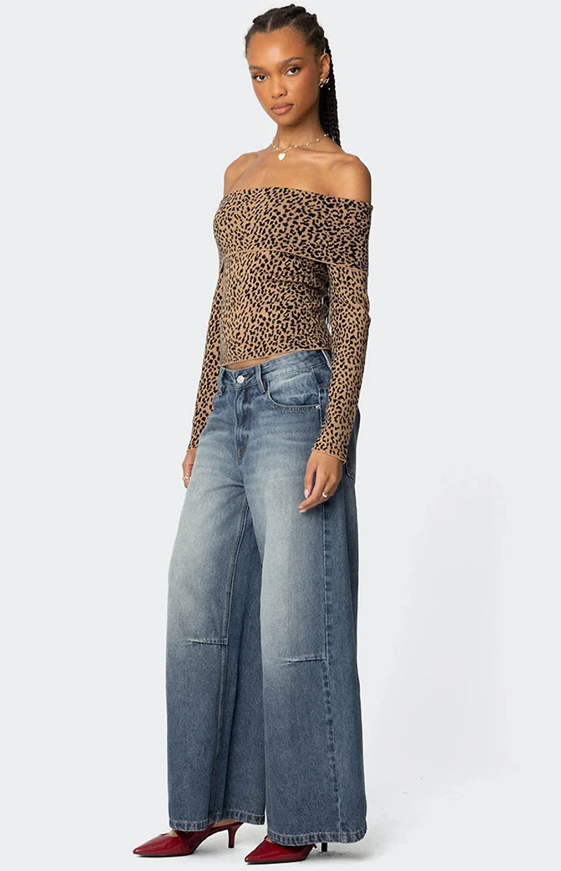 Edikted Leopard Printed Fold Over Knit Top