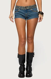 Edikted Studded Low Rise Denim Micro Shorts