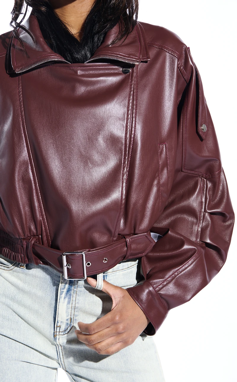 AZALEA WANG Papoose Burgundy Butter Faux Leather Jacket