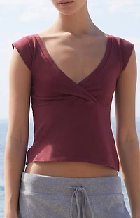 John Galt Burgundy Amara Surplice Short Sleeve Top