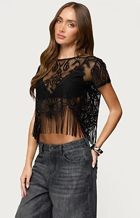 Edikted Kira Sheer Lace Fringe Top