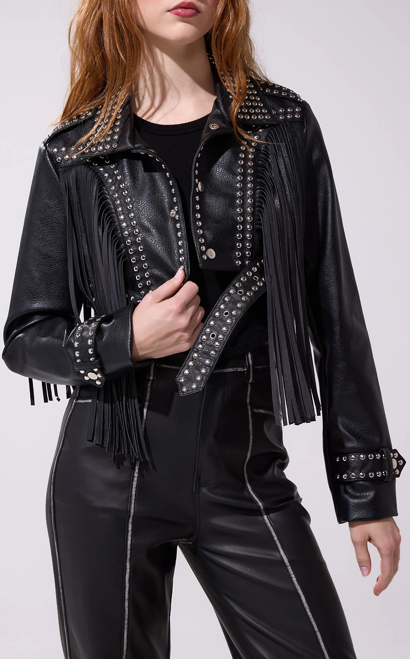 AZALEA WANG Oakly Black Fringe Faux Leather Western Jacket