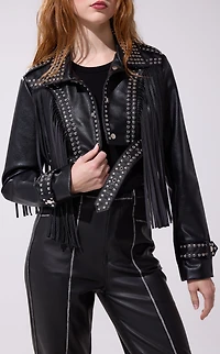 AZALEA WANG Oakly Black Fringe Faux Leather Western Jacket