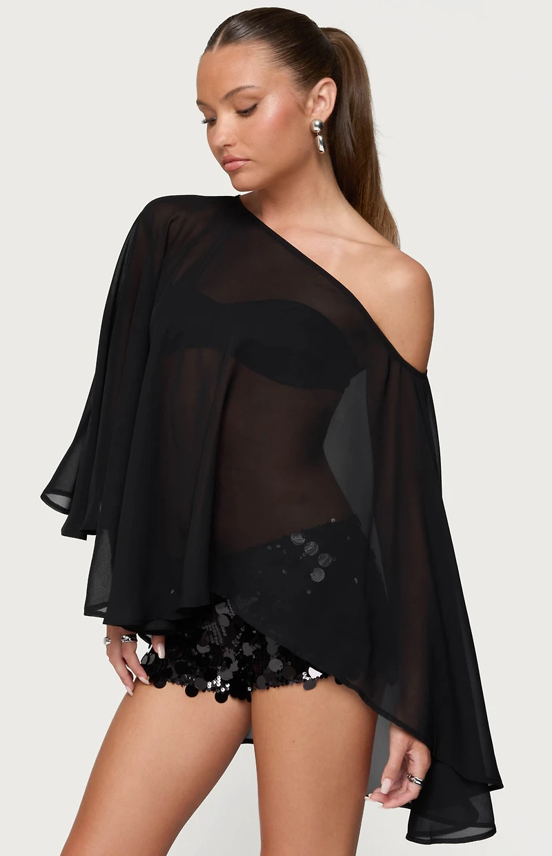 Edikted Sheer Chiffon Asymmetric Poncho