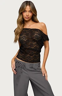 Edikted Kessa Sheer Lace Off Shoulder Top