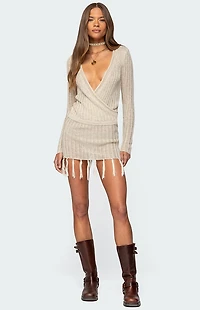 Edikted Tassel Knit Wrap Mini Dress
